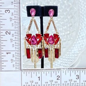 Prom Pageant Bridal Jewelry - Hammered Gold Red Pink Crystal Chandelier Earrings Prom Pageant Bridal Jewelry - Hammered Gold Red Pink Crystal Chandelier Earrings